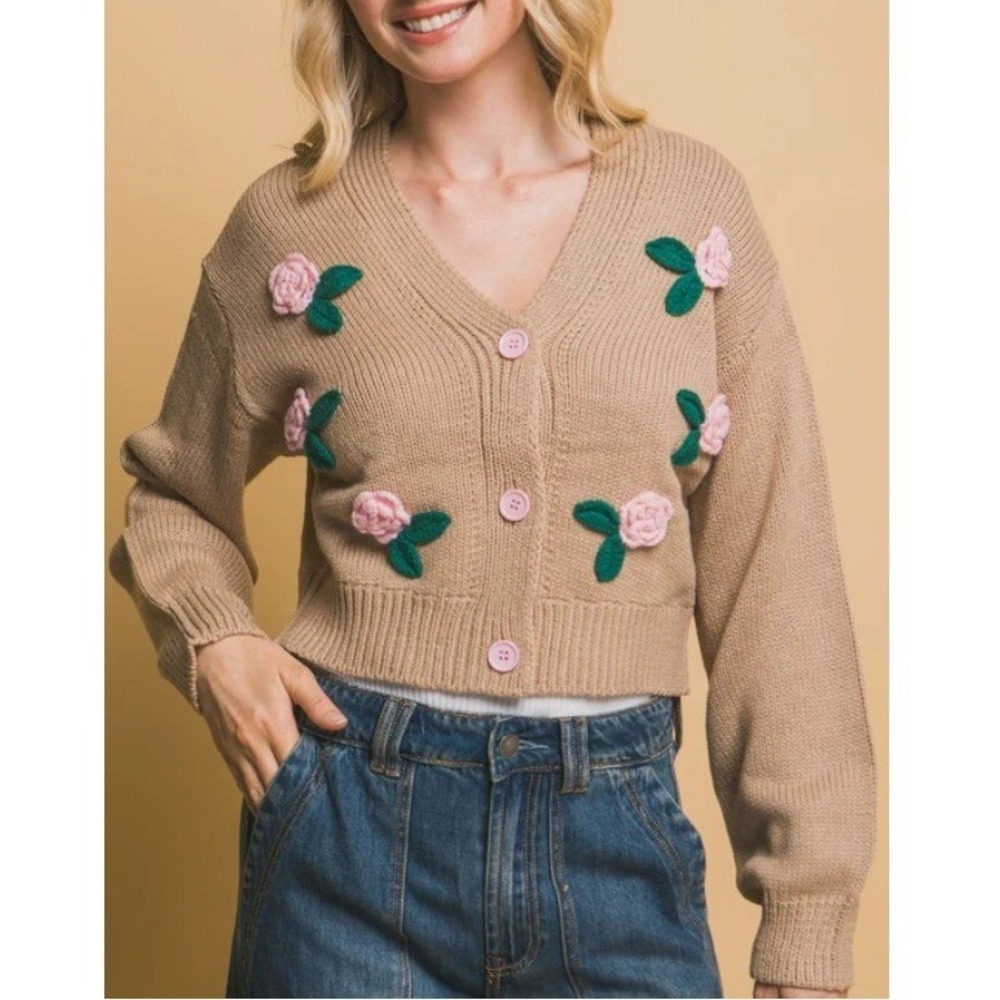 Love Tree Women's Khaki Mid Cropped Pink Rose Button Front Cardigan NWT Size L